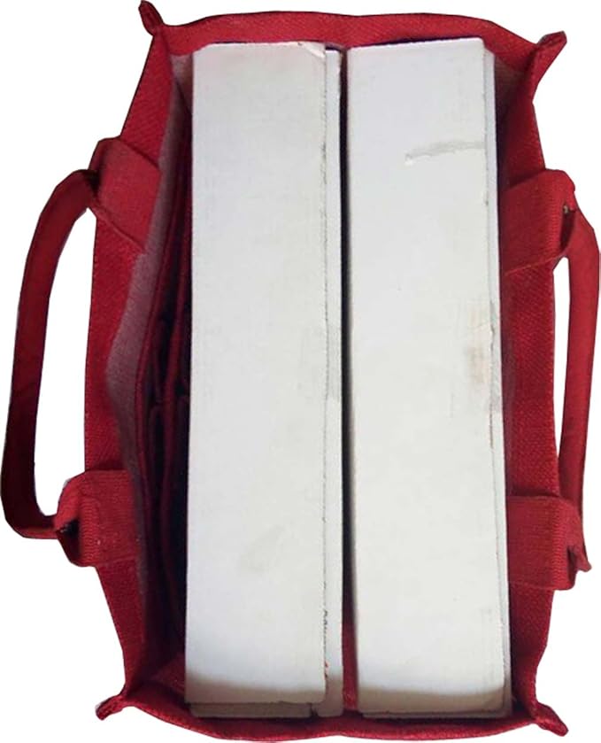 KVR natural Jute burlap wine beer water bottle cum can carrier bag with option to use as Grocery & lunch bag, Eco Environment Friendly versatile flexible(6 bottle bag, Red)