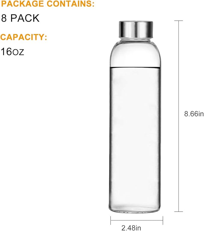Encheng Glass Water Bottles, Glass Beverage Bottles 16oz,Drinking Bottles With Leakproof Stainless Steel Cap 500ml,Reusable Juice Bottles Beverage Drinkware,To Go Travel Bottles For Drink,Sauce 8Pack