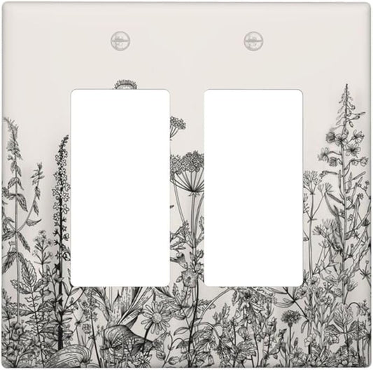 Vintage Grey Floral Herbs Wild Flowers Botanical 2 Gang Rocker Decora Boho Light Switch Covers Decorative Country Unique Dual Outlet Covers Wall Plate Electrical Faceplate Switchplate GFCI