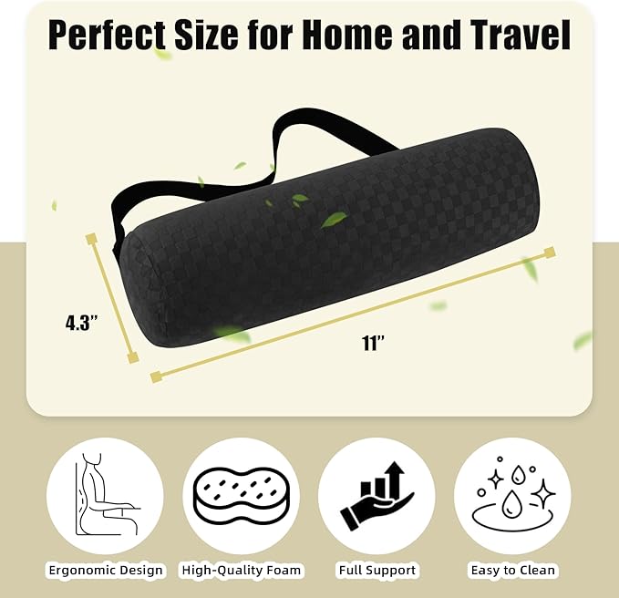 Lumbar Roll Pillow for Lower Back, Lumbar Support Foam Roll Cushion with Pillowcase and Upgraded Strap for Office, Chair, Car, Seat Pain Relief & Improving Posture (Black, Short-11 * 4.3'')