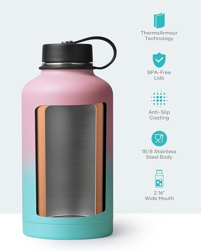 BUZIO Vacuum Insulated Stainless Steel Water Bottle 64oz (Cold for 48 Hrs/Hot for 24 Hrs) BPA Free Double Wall Travel Mug/Flask for Outdoor Sports Hiking, Cycling, Cam,Camping, Running, Bubble Gum