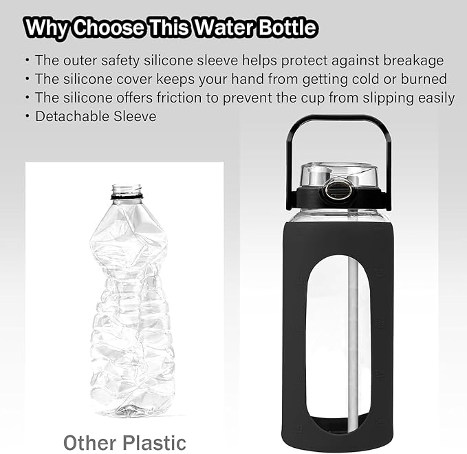 64oz Glass Water Bolttles with Straw，Motivational Half Gallon Water Bottle with Time Marker & Silicone Sleeve, Leakproof & BPA Free Reusable Clear Glass Water Jug for Gym Workout (Green)