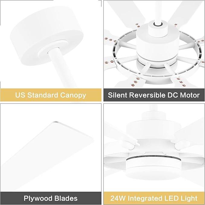 80" Ceiling Fan with Lights and Remote Control, Wood 8 Blades 6-Speed Noiseless Reversible DC Motor, 3 Downrods, Modern Large Ceiling fan for Covered Patio Bedroom Living Room Office, White