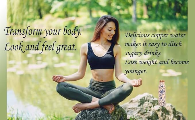 Pure Copper Water Bottle - Handcrafted - Ayurveda health benefits - Large 35 oz - Leak proof, Easy to carry for Sports, Fitness, Yoga, School- White Base Indigo Blue Floral Textured Enamel