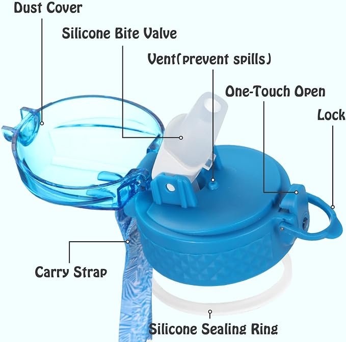 OLDLEY Replacement Straw Lid for 15 oz Water Bottle, Leakproof Spillproof Dustproof One-Click Open Cap with Carry Strap