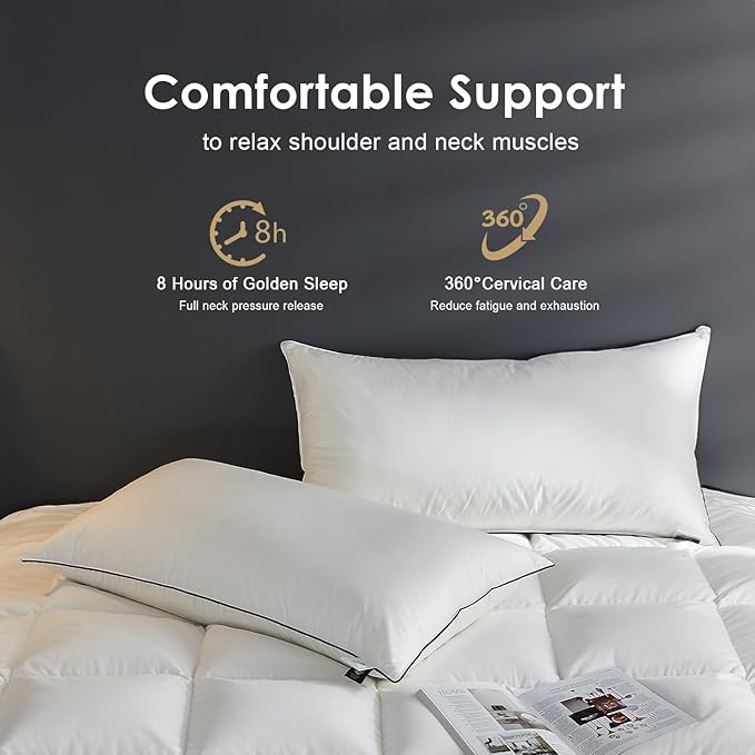 Hotel Feather Pillows King Size, Hybrid Goose Down Pillow Composite with Mef tek™ Memory Foam, Firm Bed Pillows with Organic Cotton Cover (White,20"x36")