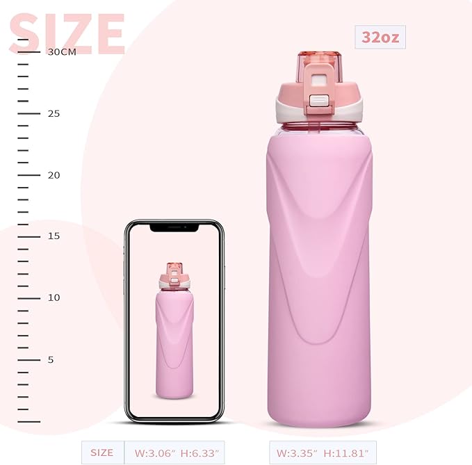 32 oz Sports Glass Water Bottle with Straw & Silicone Sleeve Reusable BPA-free Borosilicate Glass Drinking Bottle with Flip Top Lid & Handle Wide Mouth (Pastel Pink)