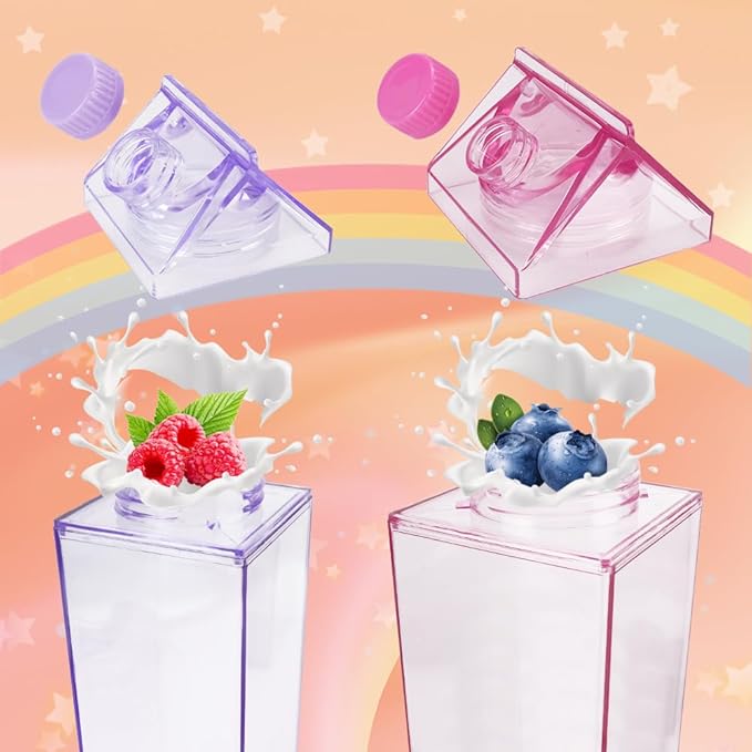 37PCS Milk Carton Square Water Bottle Set, Milk Carton Container 17oz for Refrigerator, Including Straw, Straw Lid, Straw Brush, Sponge Cup Brush, Cup Spout Brush, Label Sticker