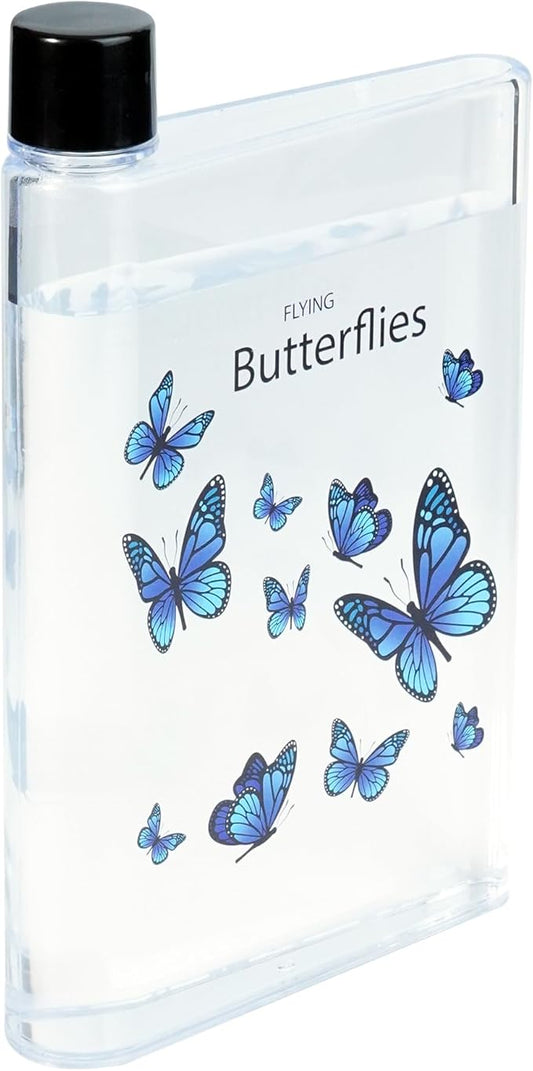 Flat Water Bottle 420ml,Plastic Portable Flat Water Bottle for Purse,Square Water Bottle Flat for Sports Gym Fitness Outdoor,Butterfly