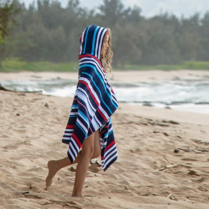 Kids Hooded Beach Towel Swimsuit Cover-up Wrap with Buttons (Red and Pink Floral Leopard, One Size) (Red White Blue Stripe)