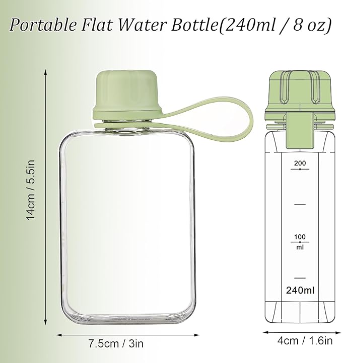Tritan Transparent Flat Water Bottle samll Water Bottle Slim Square Pocket Bottle Water Flask, BPA Free/Slim Design/Leak Proof Water Bottle for Travel, Outdoor, Sports (Matcha Green, 240ML)