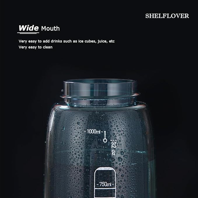 SHELFLOVER Dark Cyan Water Bottle With Narrow Straw, BPA FREE Clear Bottles With Handle One Hand Use Easy Carried, Flip Up, Suit School, Office, Gym, Office For Men, 32oz (1000ml)