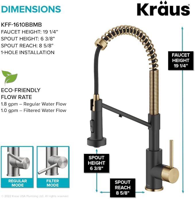 KRAUS Bolden 2-in-1 Commercial Style Pull-Down Single Handle Water Filter Kitchen Faucet for Reverse Osmosis or Water Filtration System in Brushed Brass/Matte Black, KFF-1610BBMB