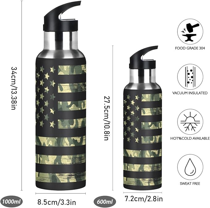 senya 20 Oz Water Bottle with Straw Usa Flag Camouflage Vintage Stainless Steel Water Bottle for Traveling Sports Leakproof Insulated Water Bottle
