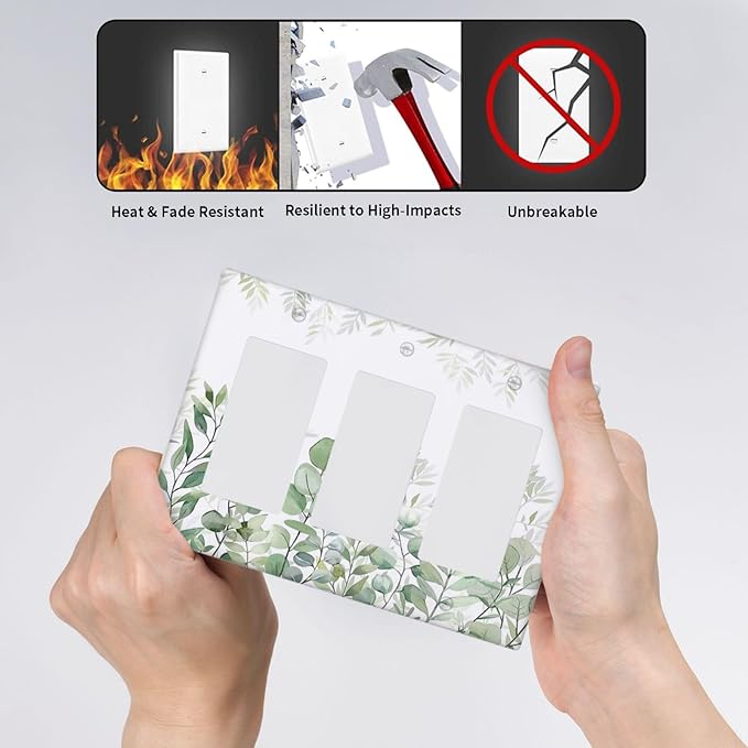 Green Eucalyptus Rustic Botanical Plant Leaves 3 Gang Rocker Boho Light Switch Covers Decorative Triple Outlet Wall Plate Cover Faceplate Decorative Switchplate GFCI for Country Bedroom Decor