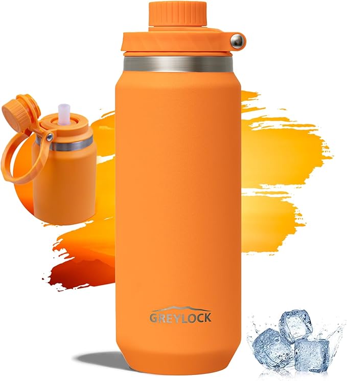 Greylock 20 oz Insulated Stainless Steel Water Bottle with Straw Lid- BPA-Free Leak Proof When Closed, Reusable Metal Water Bottle with Carry Handle for Travel Camping, 24 Hours Cold (Tangerine)