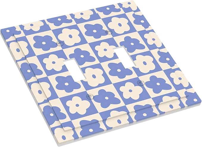 Blue and Cream Floral Checked Plaids Double Toggle Light Switch Covers 2 Gang Wall Plate Dual Decorative Switchplate Electrical Faceplate for Bathroom Country Kitchen Bedroom Decor, 4.9" x 5"