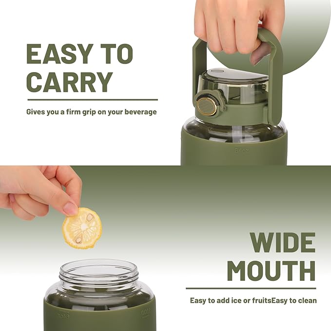 Moretoes 64oz Glass Water Bottle with Straw, Motivational Glass Bottle with Time Marker and Silicone Sleeve, Reusable Large Sports Water Jug for Outdoor Family Exercise (Olive Green)