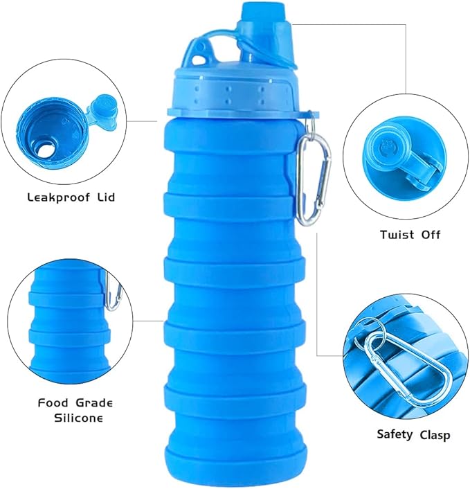 Collapsible Water Bottles 2 pack Travel Water Bottle Portable Hiking Water Bottle with Leak proof Twist Cap 500ML Reusable BPA Free Silicone Water Bottles (Style1, Blue+Rainbow)