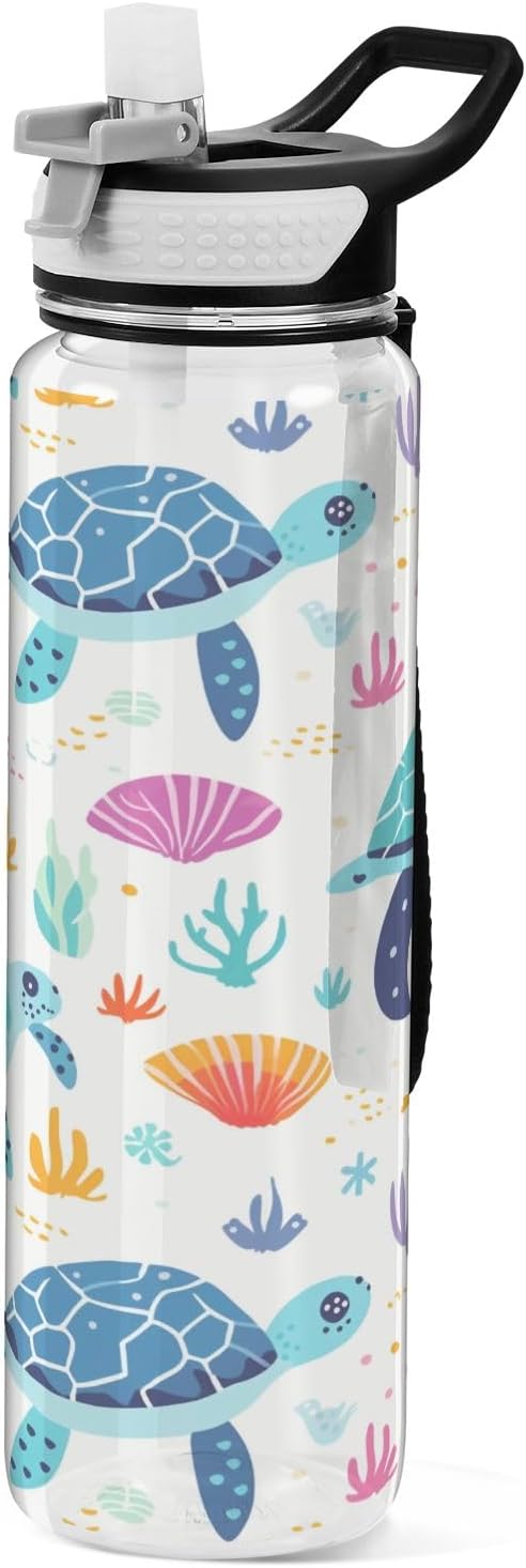 senya Rainbow Turtle Sport Water Bottle with Straw Tritan Clear Bottle for Outdoor Gym Travel