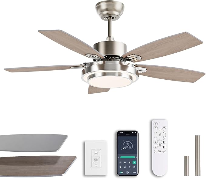 42 Inch Ceiling Fans with Lights and Remote/APP Control, Modern Nickel Ceiling Fan with Quiet Reversible DC Motor, 3 CCT Dimmable LED for Bedroom, Living Room, Patio, Indoor and Outdoor