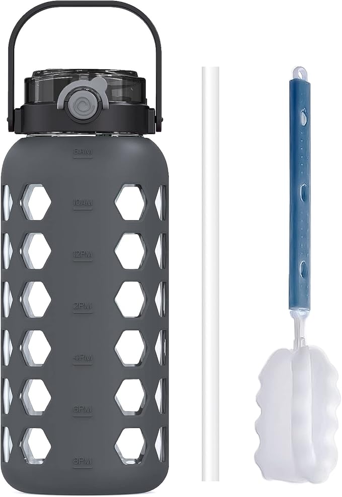 MUKOKO Half Gallon/64 oz Glass Water Bottles with Straw and Lid,Motivational Water Jug with Time Marker Reminder and Silicone Sleeve,100% Leakproof BPA Free Fitness Sports Large Bottle-Grey