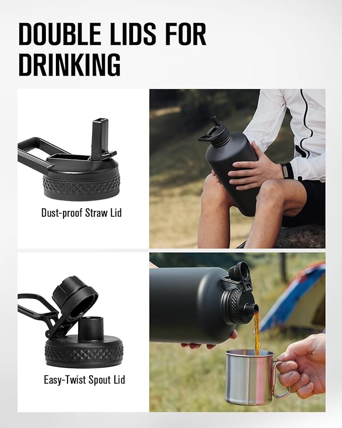 Coolplus Gallon Water bottle insulated with straw, Water Jug 128 oz Stainless Steel Double-Walled Vacuum Metal Large Flask With Carry Sleeve for Sports Gym Ourdoor, Keep Cold 48 Hrs, Black