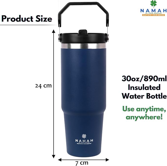 Tumbler with Handle & Extra Cloud LID – 30oz/900ml, Premium 304 Stainless Steel, Insulated Water Bottle, Leak-Proof, Steel Straw, Teddy Straw Cap, Cleaning Brush & Carabiner Hook (Midnight Teal Blue)