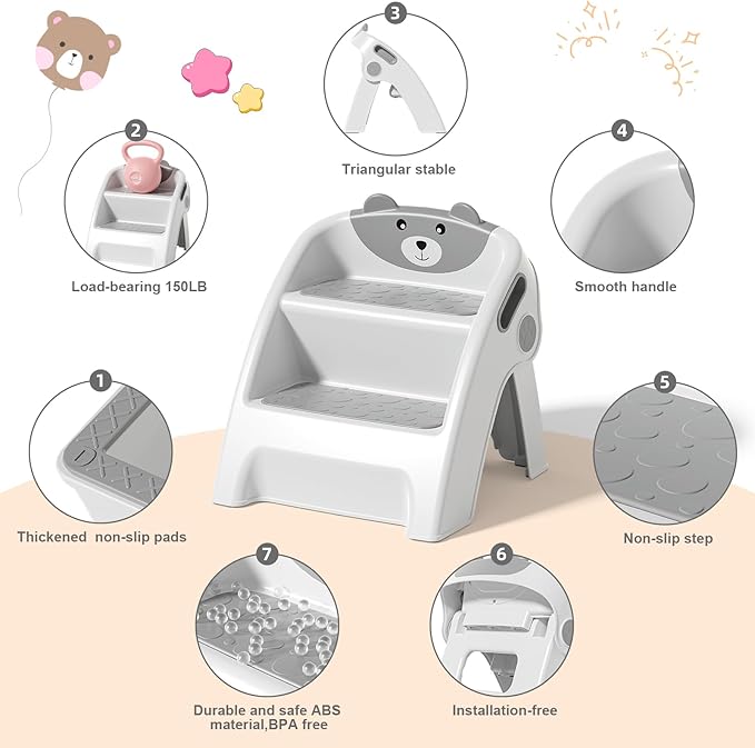 Folding Kids Step Stool for Bathroom and Potty Training,2.9lbs,Anti-Slip, Anti-Tip A-Frame Design with 10-Second Setup-Potty 2 Step Stool for Toddlers,CPC Certified for Safety and Easy Hand Washing