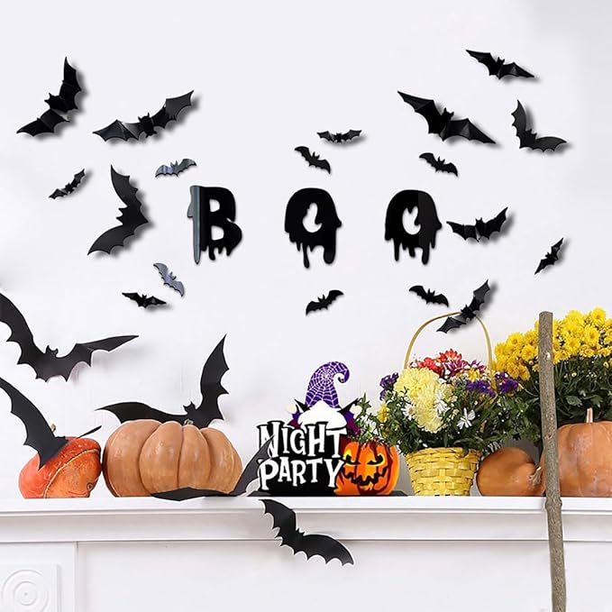 25Pcs Halloween Wall Decor 3D White Ghost Wall Decals Self-Adhesive Cute Halloween Decorations Black Bats Wall Stickers Gothic Designs Halloween Ghost Decorations for Window Home Party Decor Supplies
