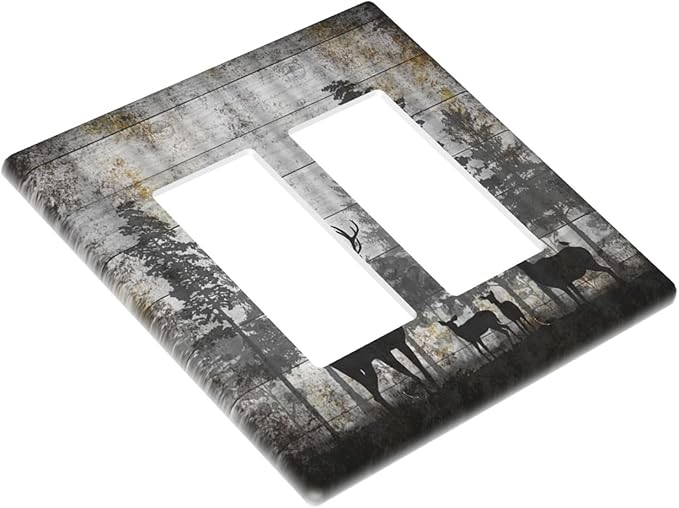 Rustic Deer Forest Vintage Wood Board 2 Gang Rocker Boho Light Switch Covers Decorative Country Unique Double Decora Outlet Wall Plate Faceplate Switchplate GFCI for Farmhouse Bedroom