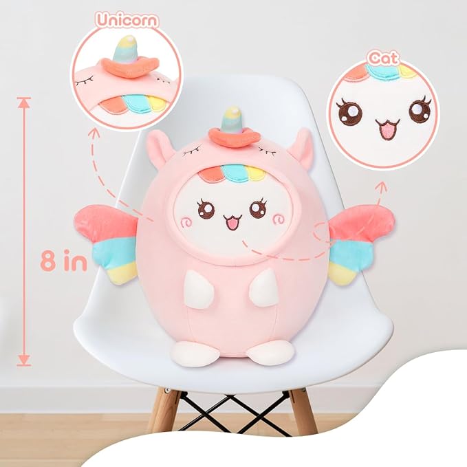 Cute Plush Unicorn Cat Stuffed Animal Pillow, 8" Soft Kawaii Kitten Plushie with Unicorn Outfit Gift for Kids
