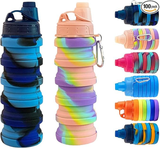 Collapsible Water Bottles 2 pack Travel Water Bottle Portable Hiking Water Bottle with Leak proof 500ML Reusable BPA Free Silicone Water Bottles. (Blue Camouflage +Pink)