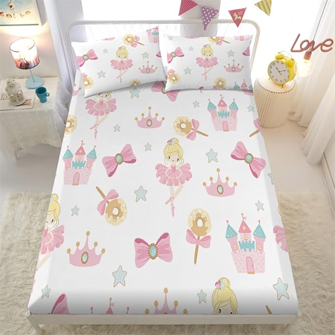Pink Princess Fitted Sheet Set for Kids Girls Teens Dancing Castle Crown Bed Sheet Queen Size 3D Print Dreaming Style Sheet Set 3 Piece