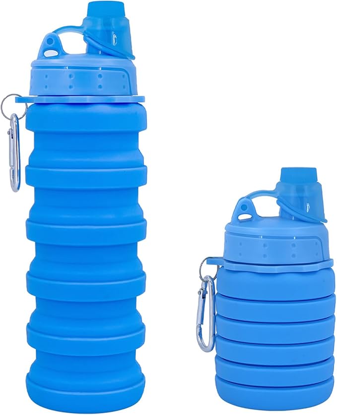Collapsible Water Bottles Travel Sports Portable Sport Water Bottle comes with mountaineering Buckle 500ml silicone Water-proof camping water bottle (Blue Color)