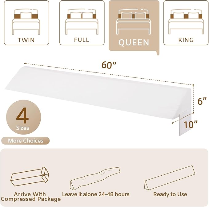 Queen Bed Wedge Pillow for Headboard, Foam Headboard Pillow, Bed Gap Filler, Mattress Wedge, Mattress Gap Filler Queen - Fill The Gap (0-7") Between Headboard and Mattress (White, 60"x10"x6")
