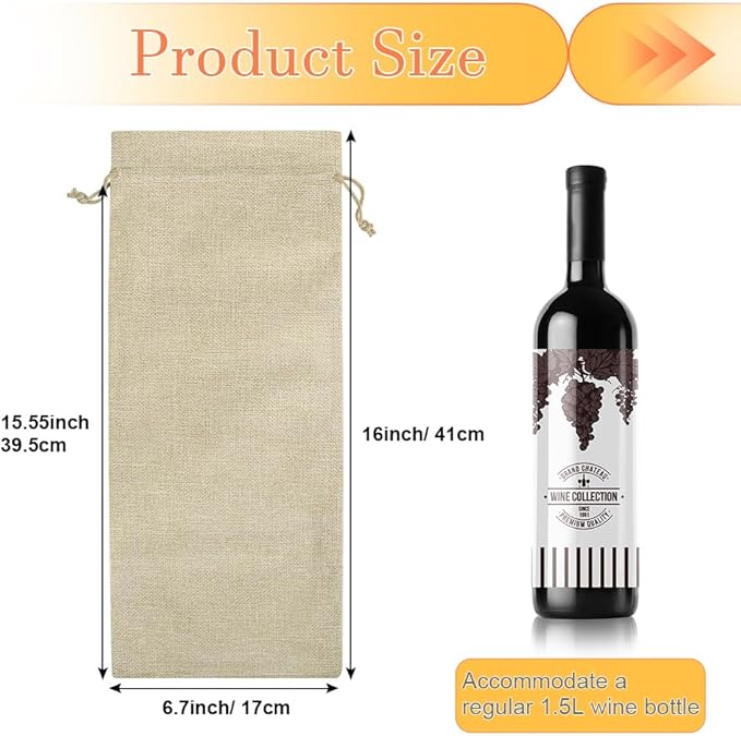 Shintop 10pcs Jute Wine Bags 1.5L, 16 x 6.7 inches Hessian Wine Bottle Gift Bags with Drawstring (Brown)