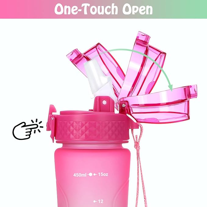 OLDLEY Replacement Straw Lid for 15 oz Water Bottle, Leakproof Spillproof Dustproof One-Click Open Cap with Carry Strap