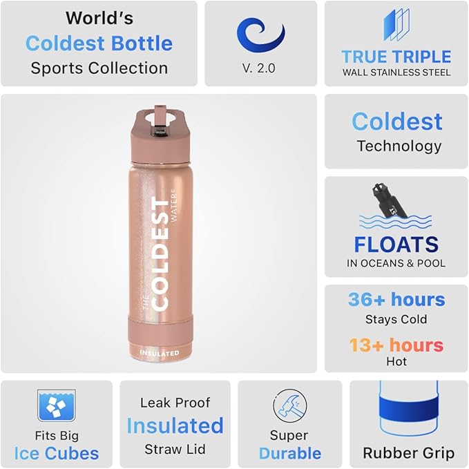 Coldest Sports Water Bottle with Straw Lid Vacuum Insulated Stainless Steel Metal Thermos Bottles Reusable Leak Proof Flask for Sports Gym (24 oz, Golden Rose Glitter)