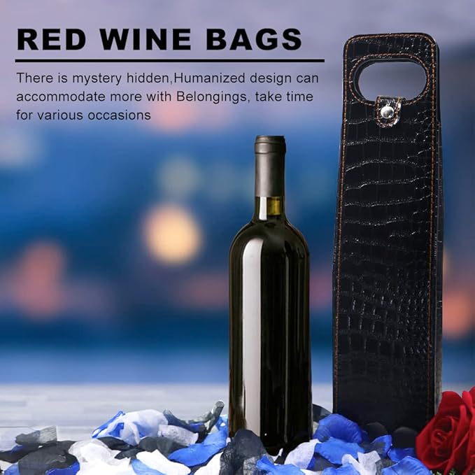 Single Bottle Wine Tote, Reusable Leather Wine Bag Tote, Single Bottle Wine Tote Bag, Crocodile Grain Wine Gift Bag for Picnic, Travel, Party, Birthday, Wedding, Restaurant (Black)