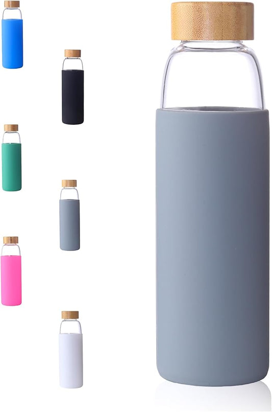 Laster Glass Water Bottle 20 Oz, 600 ml, made of Borosilicate Glass, 1 Bamboo & 1 Stainless Steel Lid, BPA Free, Non-Slip Silicone Sleeve (Grey)