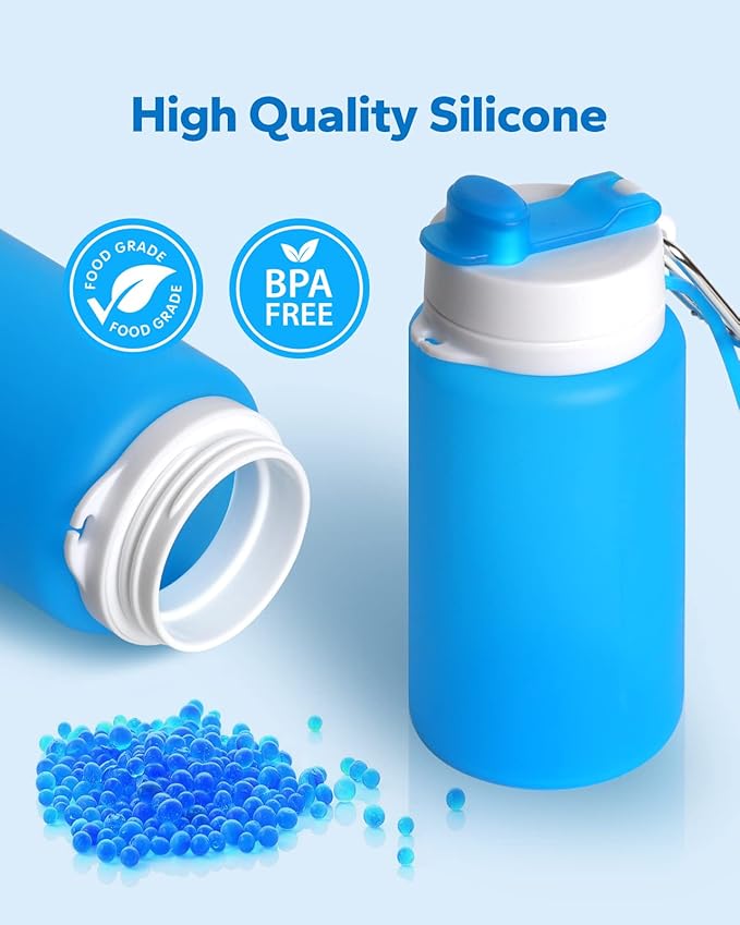 Collapsible Water Bottle, Foldable Water Bottle for Travel & Collapsable Water Bottle with Clip for Backpack, Portable Silicone Water Bottle, Collapse Water Bottle for Travel (20oz, Blue)