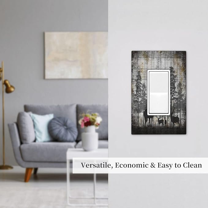 Rustic Deer Forest Vintage Wood Board 1 Gang Rocker Boho Light Switch Covers Decorative Country Unique Single Decora Outlet Wall Plate Faceplate Switchplate GFCI for Farmhouse Bedroom