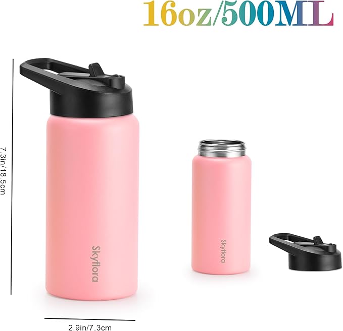 Kids Water Bottle with Straw, 16oz Cute Water Bottle, Single Wall 18/8 Stainless Steel, Dishwasher Safe & Leakproof, Reusable Gift for Girls Boys to School Sports Travel Camping, Pink