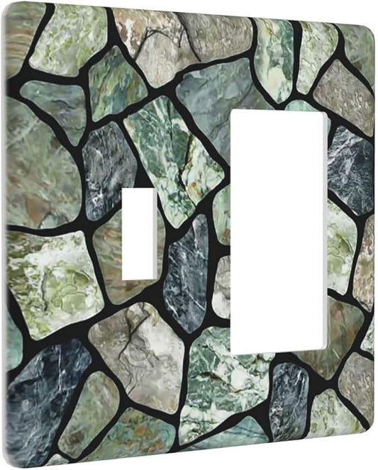 Green Stone Texture Combo Single Toggle 1 Rocker Light Switch Wall Plate Cover Decorative 2-Gang for Electrical Outlets Room Bathroom Bedroom Home Kitchen One Decora Receptacle 4.5" x 4.6"