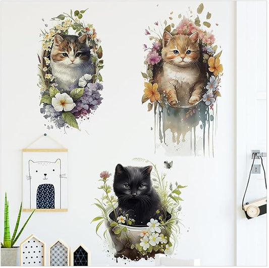 Cute Cat Wallpaper Murals for Nursery Room Toilet Kitchen Offices,Plant Pot Wall Stickers for Living Room Bedroom