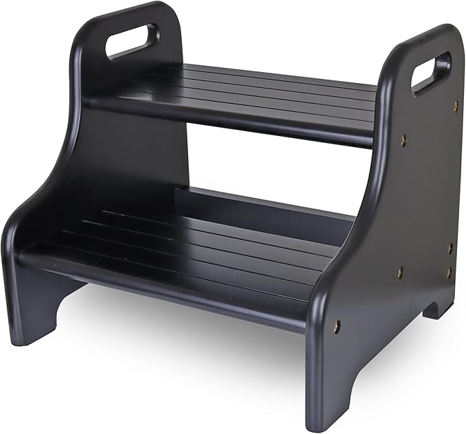 Acacia 2-Step Stool for Kid, Toddler Wood Step Ladder with 2 Handles, Safe Non-Slip Bottom, Rounded Corners, Supports up to 300 lbs, Perfect for Bathroom Bedroom (Black)