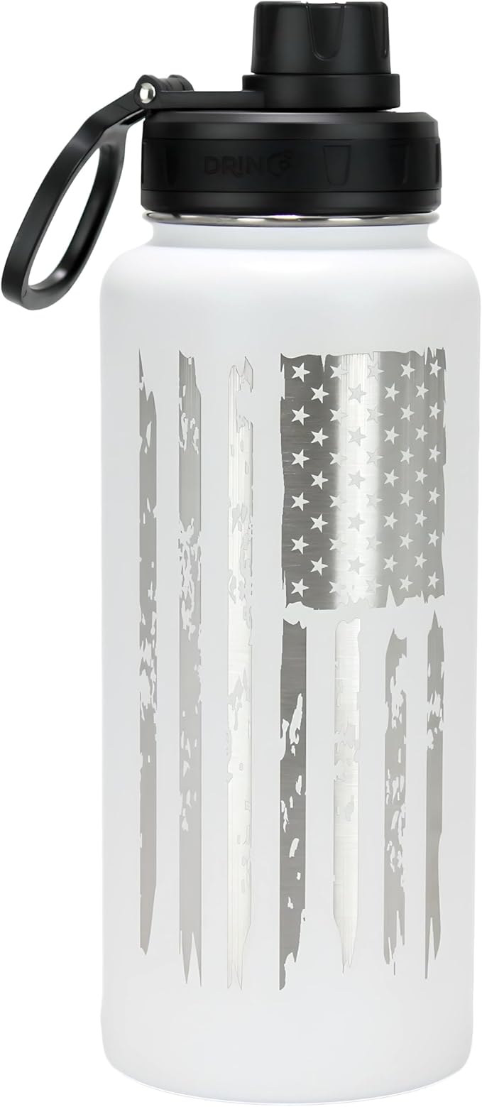 DRINCO Stainless Steel Water Bottle Spout Lid Vacuum Insulated Double Wall Water Bottle Wide Mouth Leak Proof Keep Cold Sport Camping (USA Flag) (32oz Artic White USA Flag, 32oz)