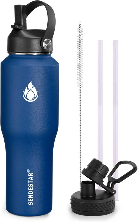 SENDESTAR Water Bottle 32oz,2 Lids(Straw lid),Wide Mouth Stainless Steel Vacuum Insulated Double Wall Keep Liquids Cold or Hot All Day,Sweat Proof Sport Design,Fit Car Cup Holder(Cobalt)