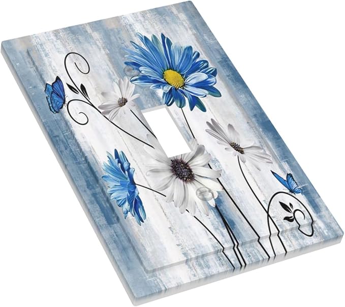 Rustic Teal Blue Daisy Floral 1 Gang Light Switch Covers Single Toggle Wall Plate Decorative Switchcover Electrical Switchplate for Country Bathroom Bedroom Kitchen Decor